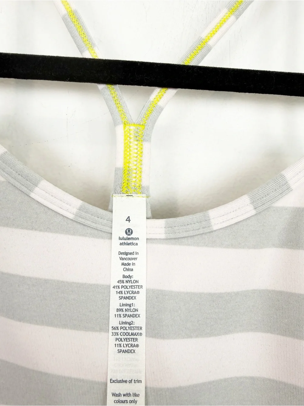 Lululemon Power Y Gray Yellow Stripe Tank Top Size 4 NWT